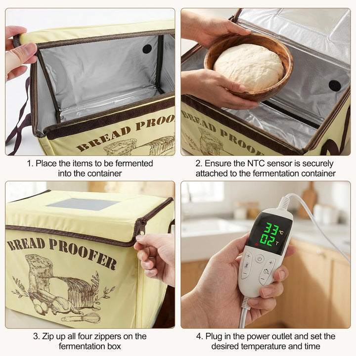 Brot Gärbox Sauerteig Dreiseitige Heizung, Faltbarer Gärschrank 10-45°C NTC-Sensor, 48H Timer Sauert