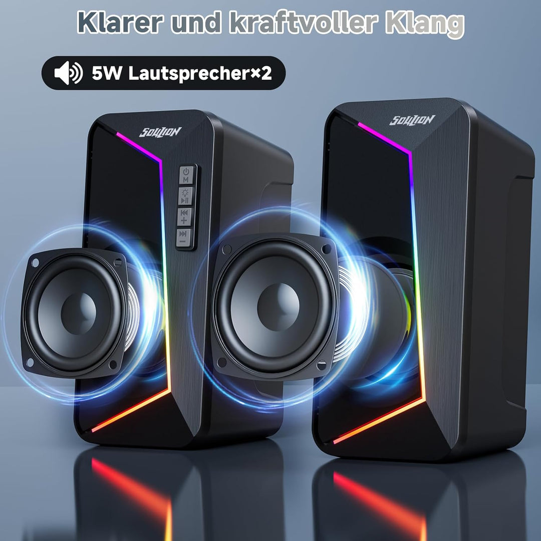 SOULION R40 PC Lautsprecher, USB-C/USB-betriebene Computer Stereo mit Lautstärkeregler, LED-Beleucht
