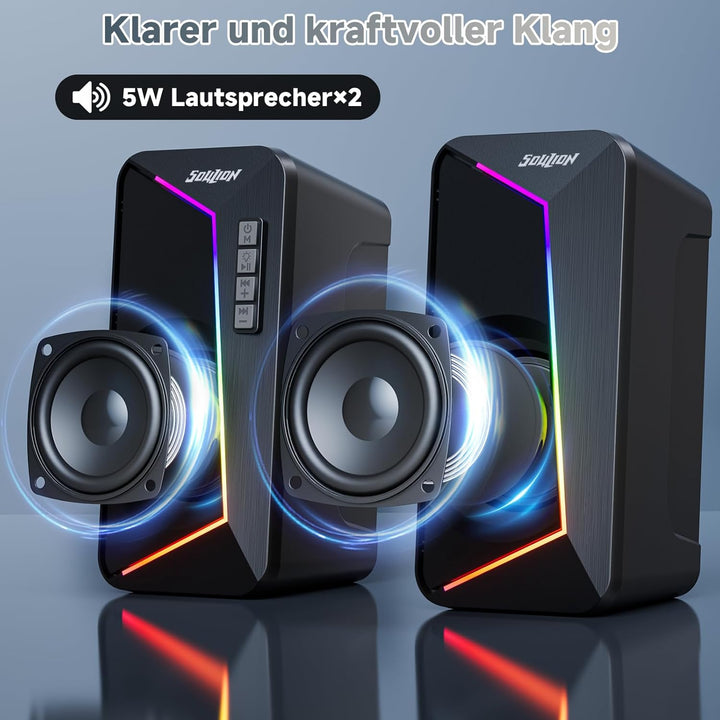 SOULION R40 PC Lautsprecher, USB-C/USB-betriebene Computer Stereo mit Lautstärkeregler, LED-Beleucht