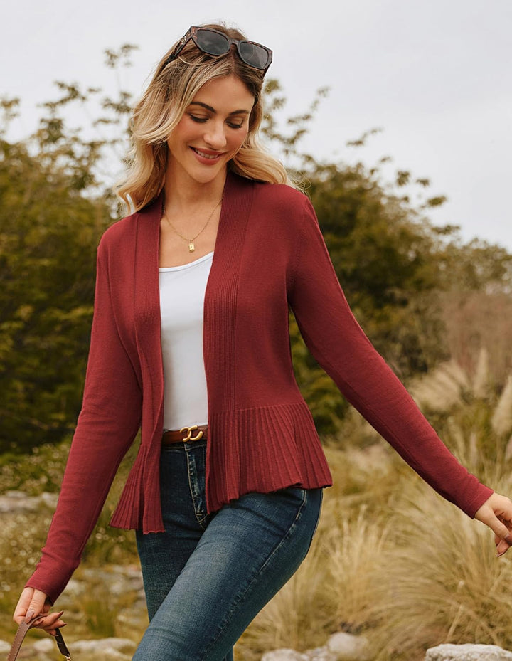 GRACE KARIN Damen Strickjacke Leicht Lange Ärmel Candigan offene Vorderseite Bolero mit Raffung Eleg
