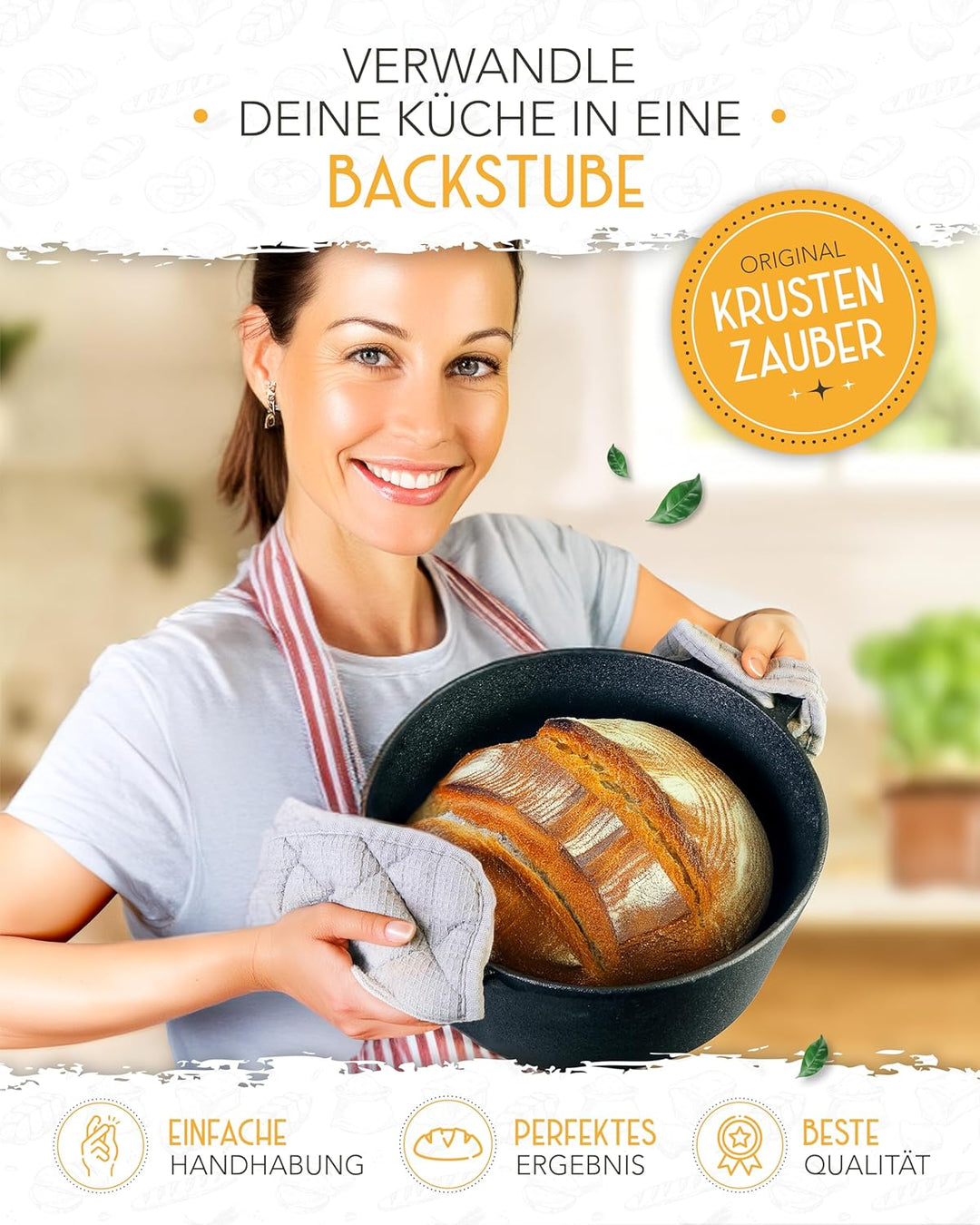 KRUSTENZAUBER 26cm Gusseisen Topf Brot backen - Brotbackform mit Deckel für selbstgemachtes Brot - I