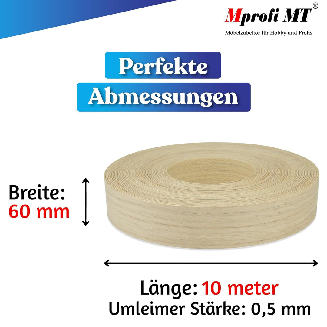 Mprofi MT® (10m Rolle) Kantenumleimer-Echtholz Furnier Umleimer mit Schmelzkleber-Bügelkante für Reg