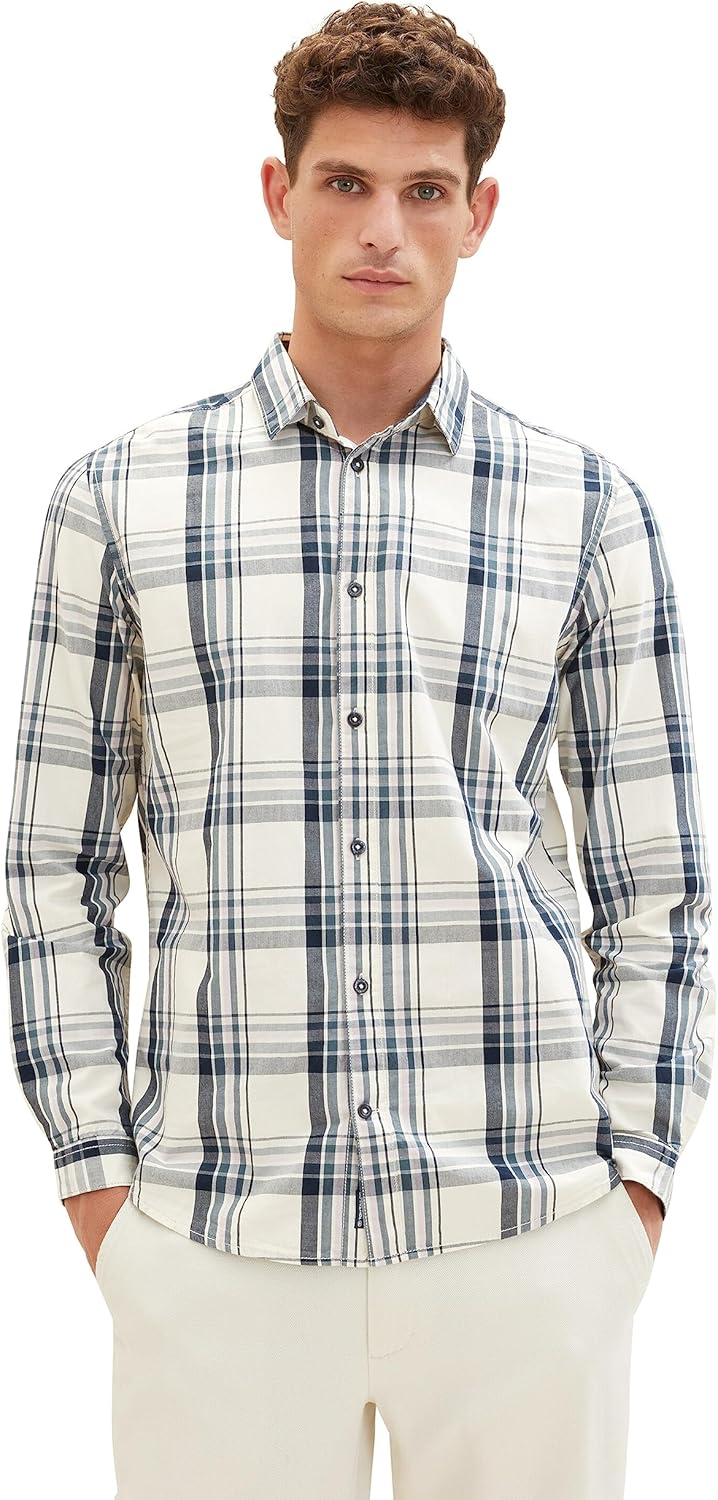 TOM TAILOR Herren Regular Fit Karo-Hemd aus Baumwolle L 32280 - Off White Teal Lilac Check, L 32280