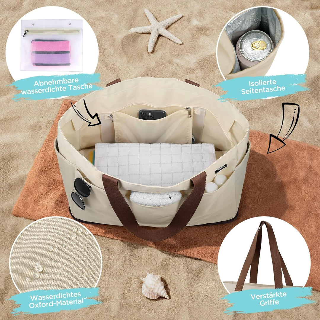 GAGAKU Strandtasche XXL mit Kühlfach, Wasserfest Beach Bag mit Reissverschluss – Faltbar Gross Badet