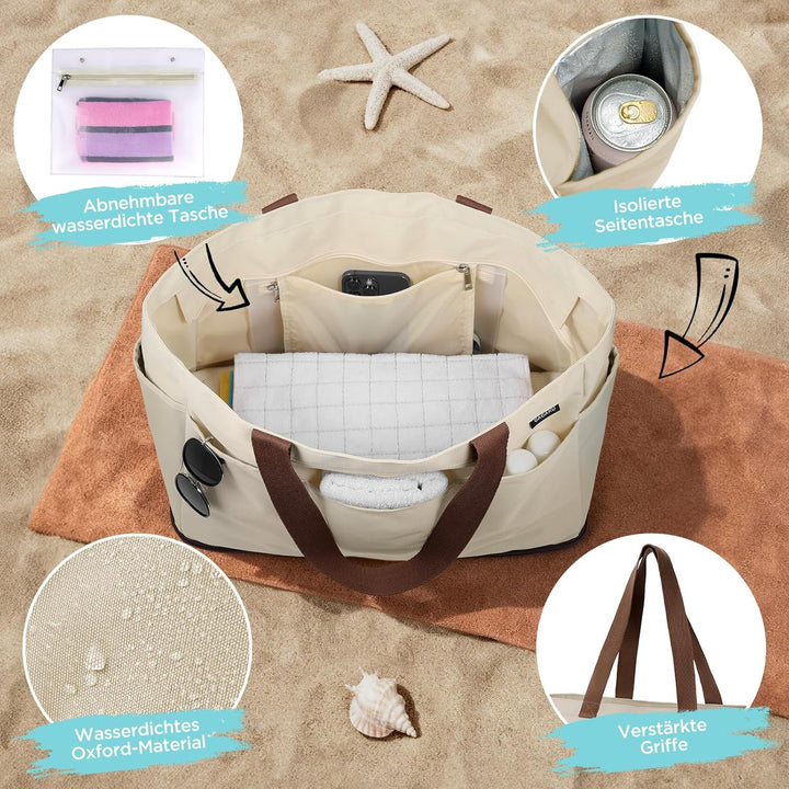 GAGAKU Strandtasche XXL mit Kühlfach, Wasserfest Beach Bag mit Reissverschluss – Faltbar Gross Badet