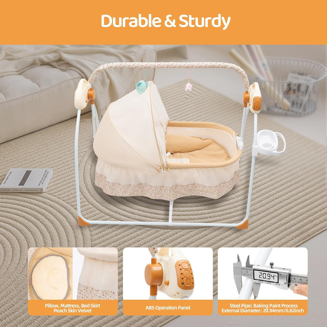 Babywiege elektrisch mit Bluetooth &amp; 12 Liedern, Babyschaukel 5 Geschwindigkeiten &amp; Timer 8-60 Min –