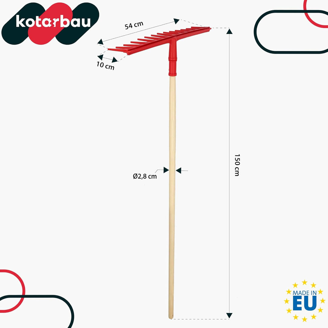 KOTARBAU® Heurechen - 54 cm - mit Holzstiel 1,5 m - Extra-Click - Laubrechen Kunststoff - 14 Zinken