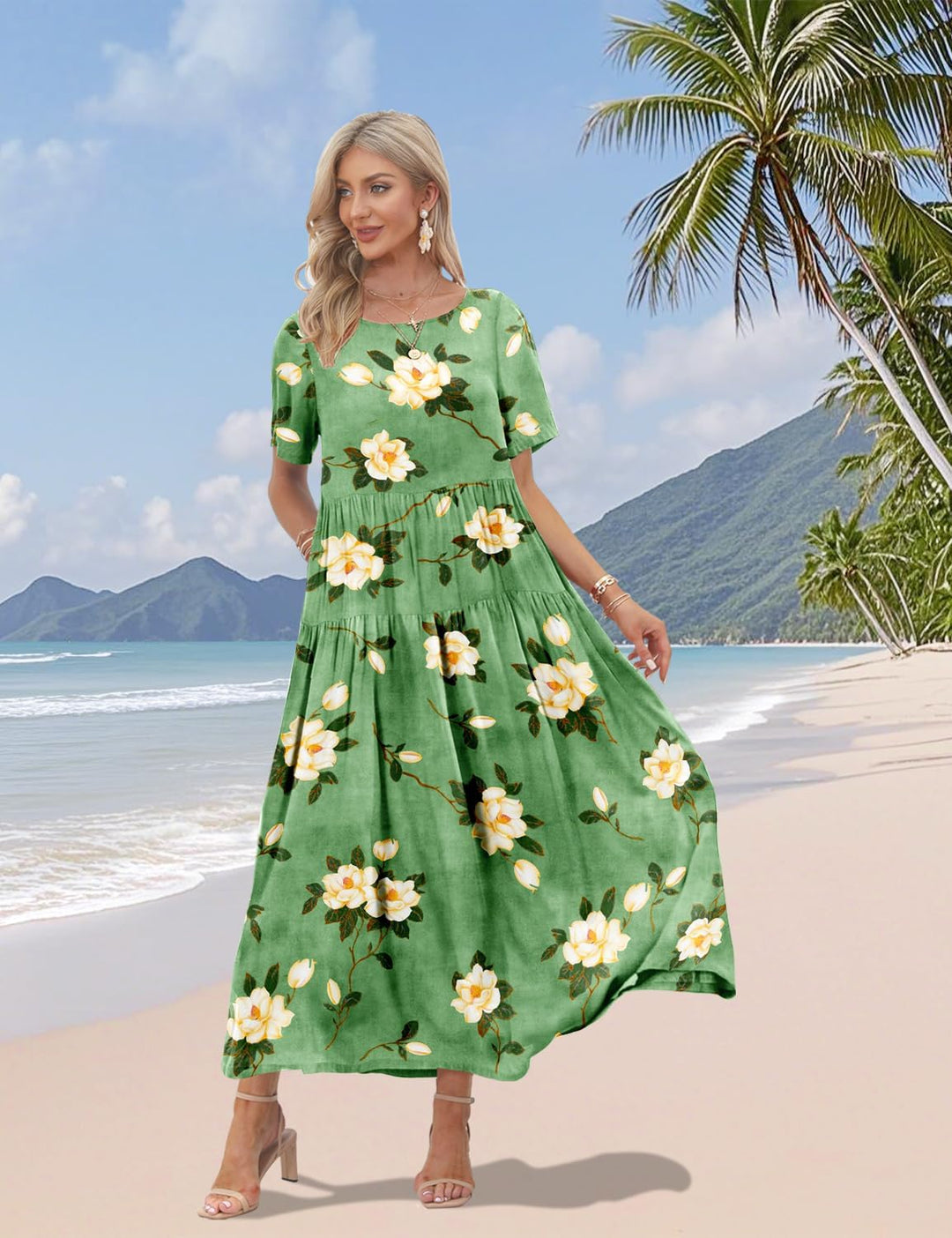YESNO Damen Kleider Freizeit Lose Sommerkleid Lang Boho Maxikleid für Rundhals Strandkleid Blumenkle