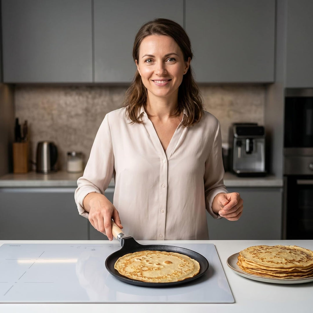 Premium Crêpepfanne Induktion 24 cm Pfannkuchenpfanne Pfanne Gusseisen UNBESCHICHTET sandgestrahlt u