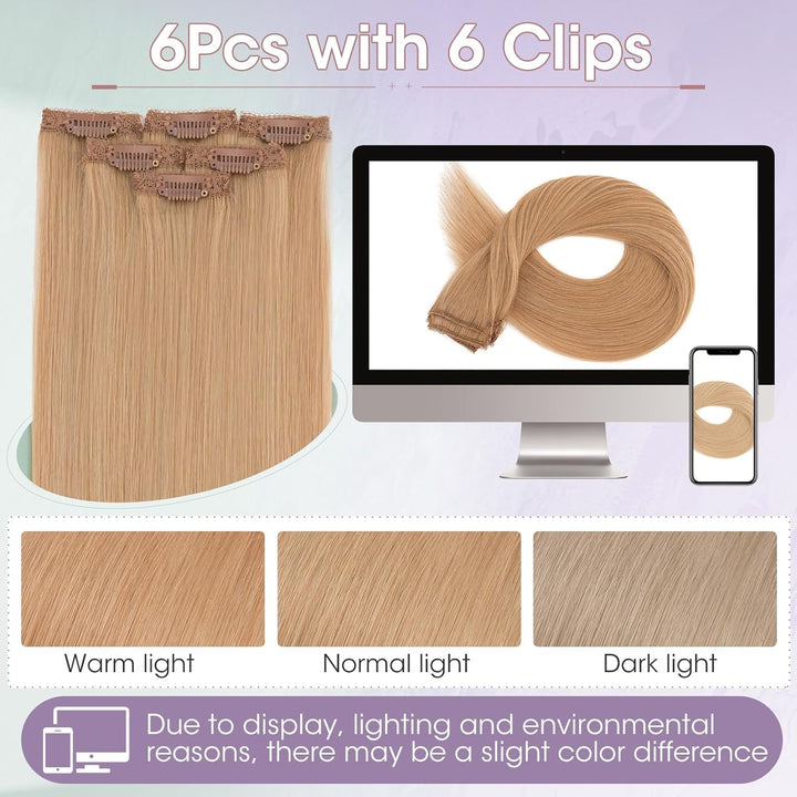 Benehair Clip in Extensions Echthaar, 6Pcs Clip Echt Haar Extension, Einzelclip Echthaar Extension C