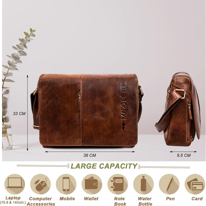 Marc Peter® Bergen leder Umhängetasche für Herren Damen | 15.6 Zoll Laptoptasche | Aktentasche aus e