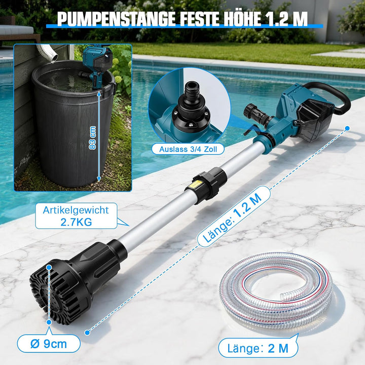 Akku Regenfasspumpe kompatibel mit Makita 18V, 3600 L/h, 10m Förderhöhe | Bürstenlos Motor, mit Gart