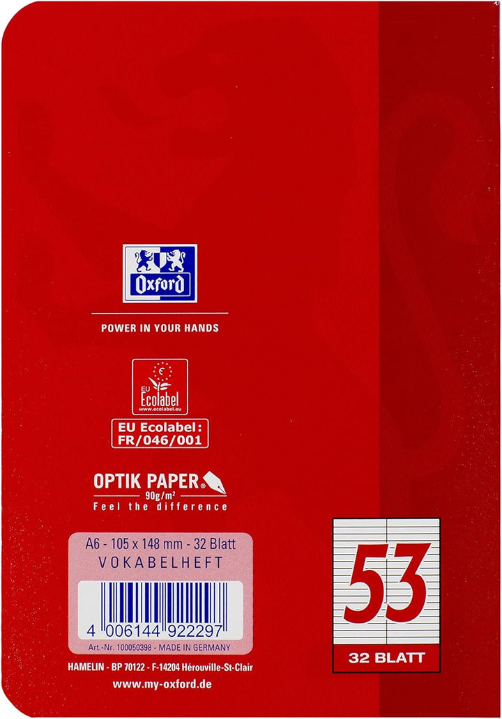 Oxford Vokabelheft, A6, 32 Blatt, Lineatur 53, rot und grün, 10 Stück Lineatur 53 - 2 Spalten A6, 32