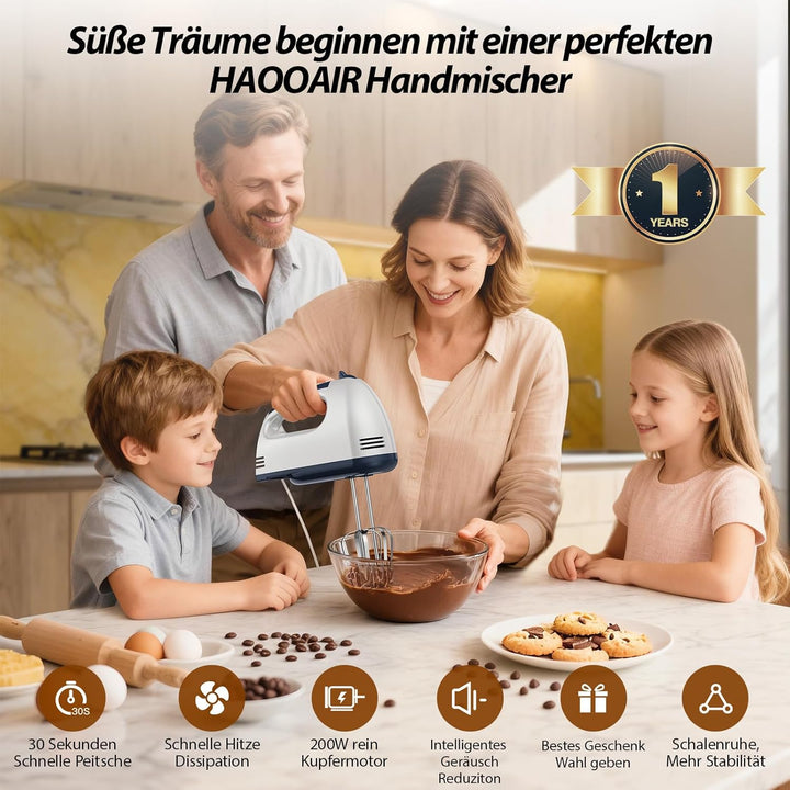 Handmixer, 7-stufig einstellbarer Küchenmixer, 304 Edelstahl-Zubehörteile (2X Knethaken, 2X Rührstäb