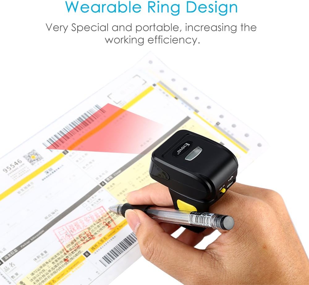Eyoyo Ring 1D 2D QR-Barcode-Scanner, tragbarer drahtloser Finger-Mini-Barcode-Leser Kompatibel mit W