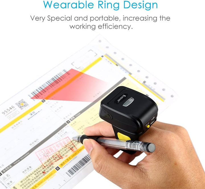 Eyoyo Ring 1D 2D QR-Barcode-Scanner, tragbarer drahtloser Finger-Mini-Barcode-Leser Kompatibel mit W