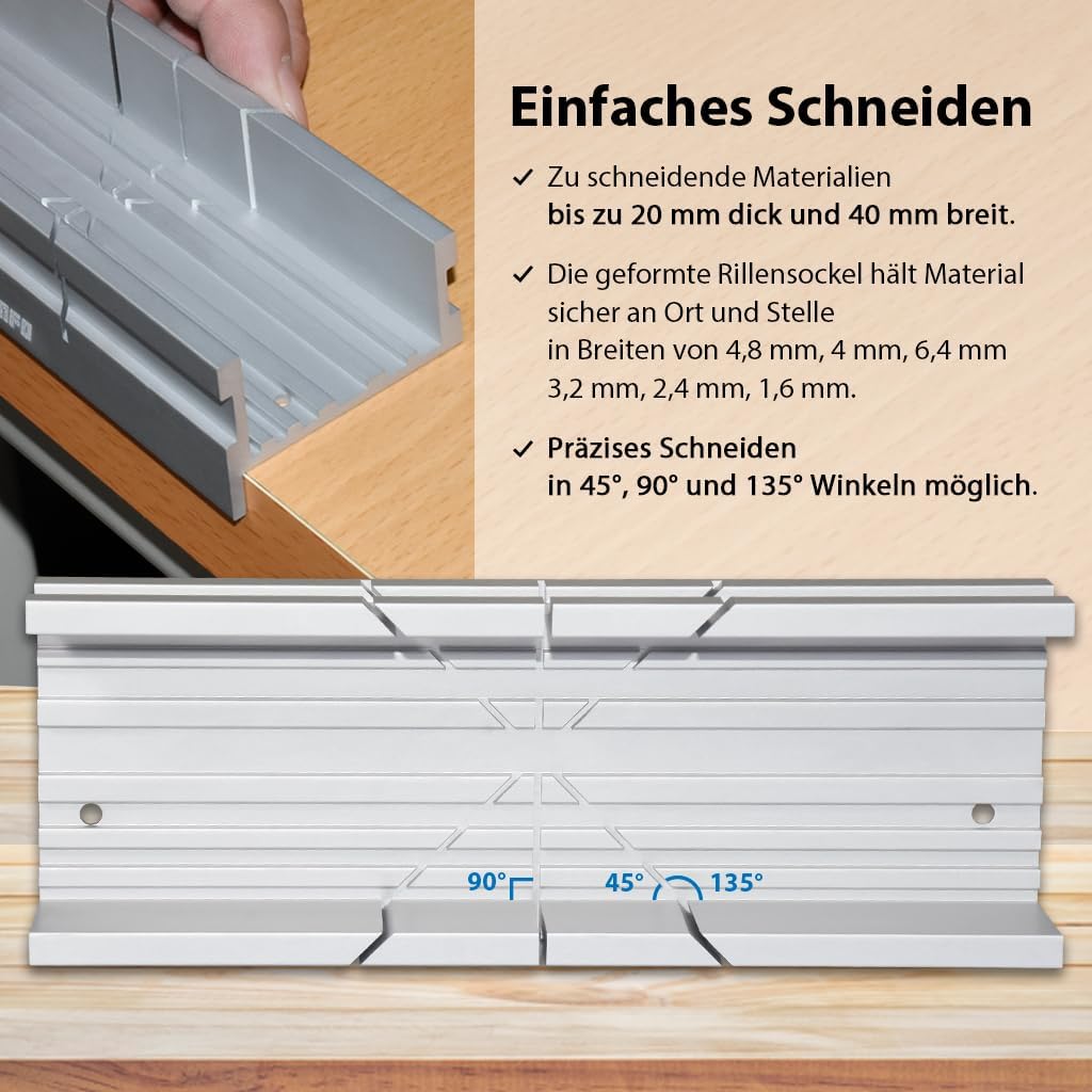 FIRSTINFO H5442 | Gehrungslade aus Aluminium – Kompakte Metall 140 x 50 x 33 mm | 3 Schnittwinkel fü
