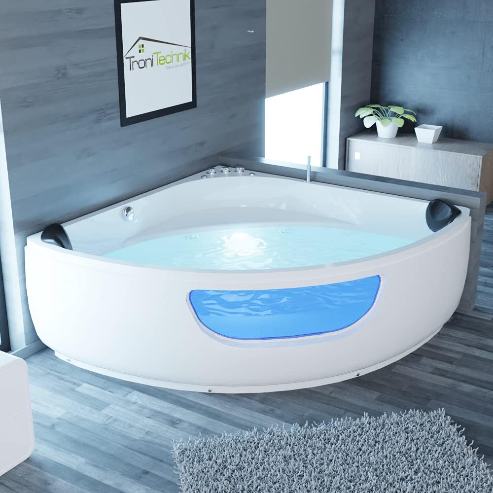 Tronitechnik® Eckbadewanne mit Whirlpool 135x135cm mit Sitz, Acrylwanne für Zwei Personen, Eck-Badew