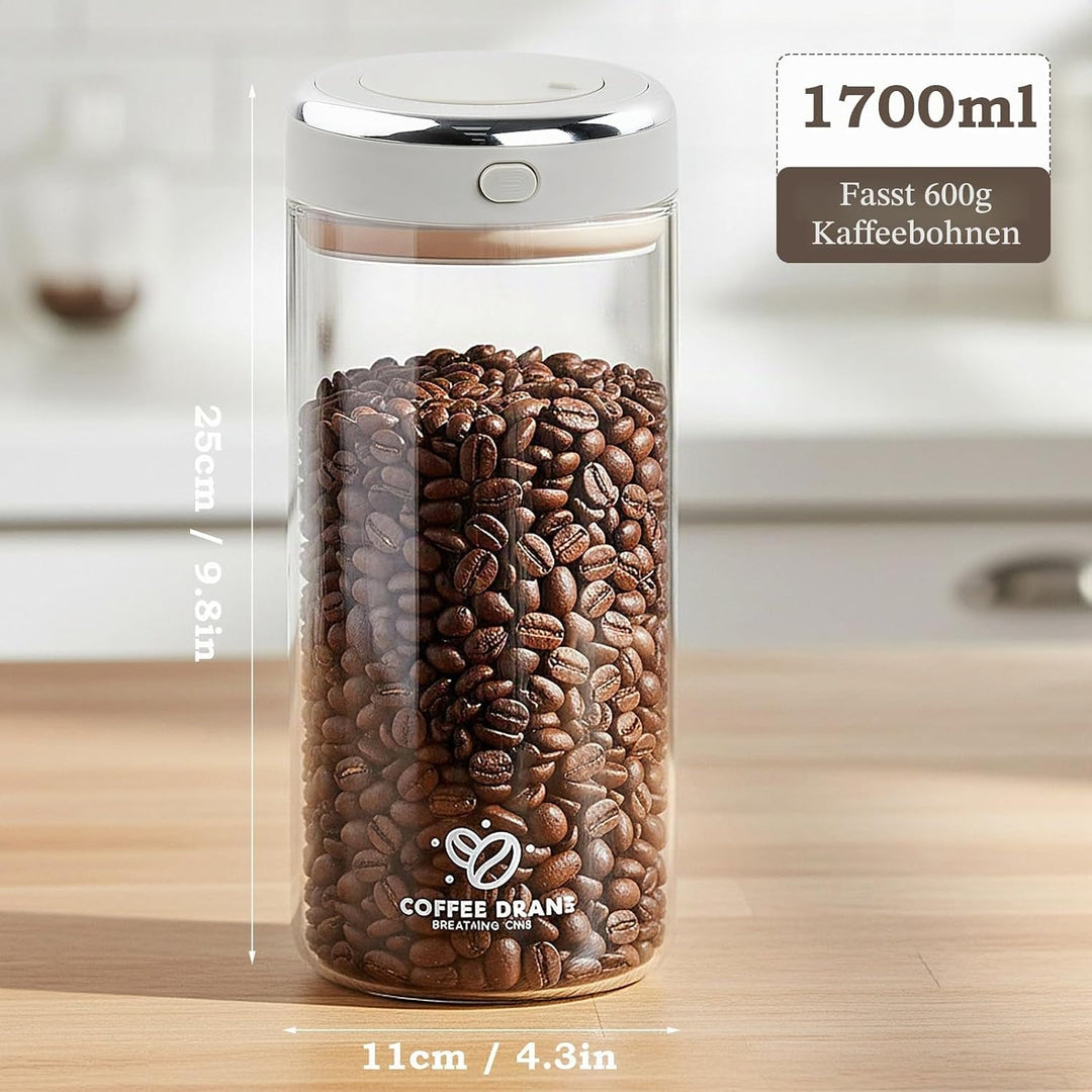 1.7L Kaffeedose Luftdicht Glas, Kaffeebohnen Behälter mit Einwegventil und Datumsanzeige Transparent