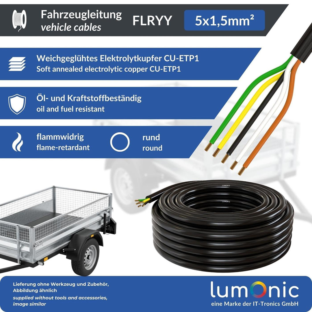 10m Lumonic 1m FLRYY Fahrzeugkabel 5 adrig I Fahrzeugleitung mit Kabelquerschnitt 5x 1,5mm² I Kabel