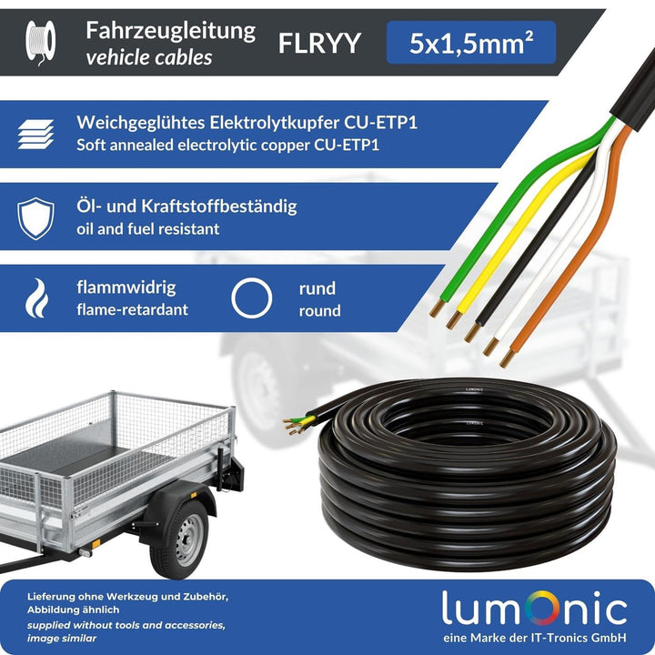 10m Lumonic 1m FLRYY Fahrzeugkabel 5 adrig I Fahrzeugleitung mit Kabelquerschnitt 5x 1,5mm² I Kabel