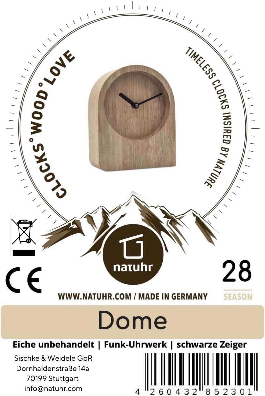 Tischuhr Eiche Holzuhr - Dome - puristisch modern Massivholz (Eiche unbehandelt, Schwarze Zeiger - F