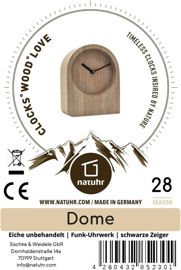 Tischuhr Eiche Holzuhr - Dome - puristisch modern Massivholz (Eiche unbehandelt, Schwarze Zeiger - F