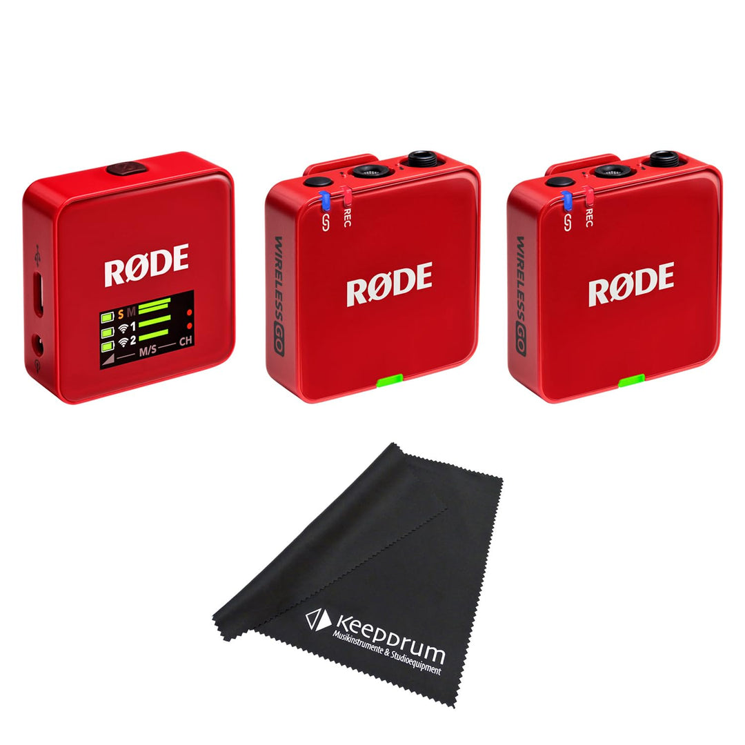 Rode Wireless GO Gen 3 Drahtloses 2-Kanal Mikrofon-Funksystem Rot mit keepdrum Mikrofasertuch, Rot