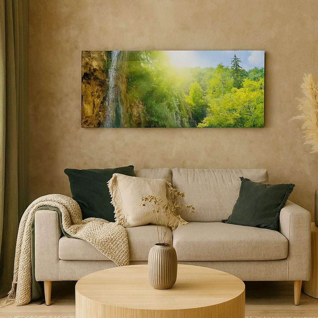 Wandbilder Dekoration Wohnzimmer Wasserfall Forrest Himmel Panorama Bilder auf Leinwand 120x50cm Lei