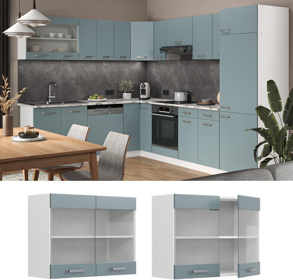 Vicco Küchenglasschrank R-Line, Glashängeschrank, Blau-Grau/Weiss, 80 cm, Blau-grau Hängeglassc