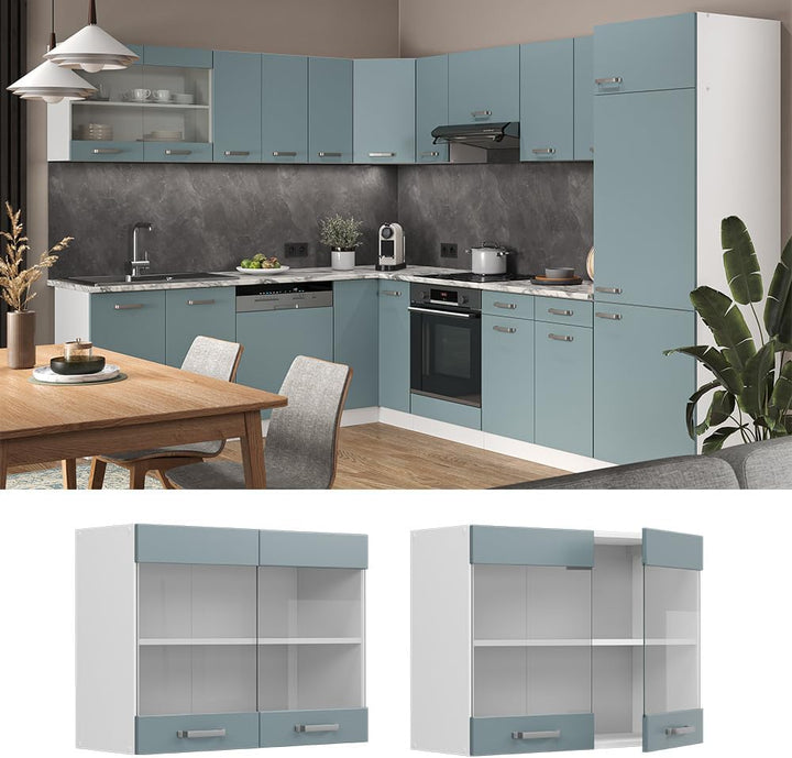 Vicco Küchenglasschrank R-Line, Glashängeschrank, Blau-Grau/Weiss, 80 cm, Blau-grau Hängeglassc