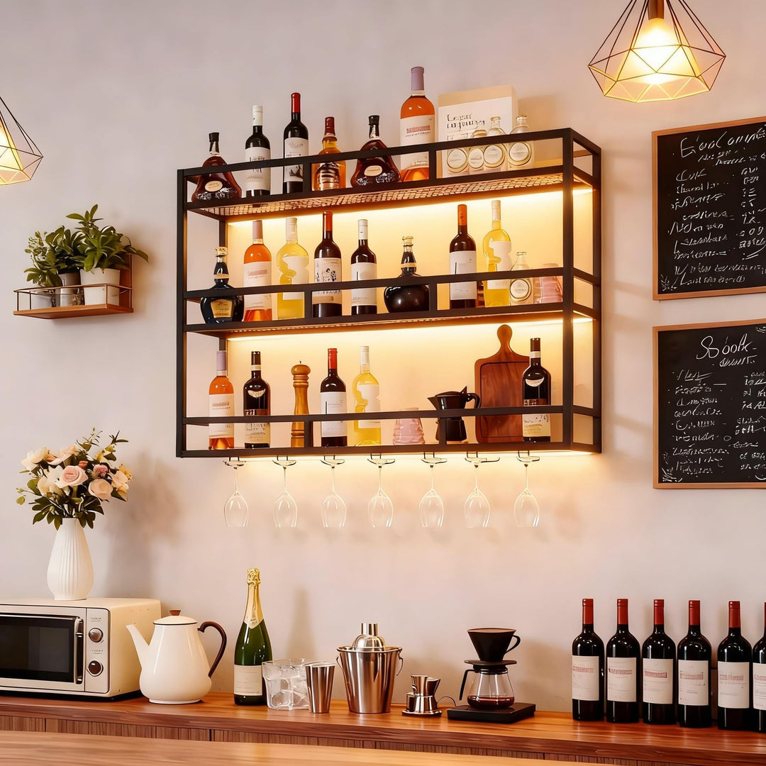 Weinregal Wand aus Metall 100 cm 3-stöckiges Modernes Wandregal mit LED-Beleuchtung, Flaschenhalter
