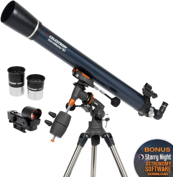 Celestron 21064 AstroMaster 90EQ Refraktor-Teleskop - mit Zwei Okularen, seitenrichtigem Spiegel, hö