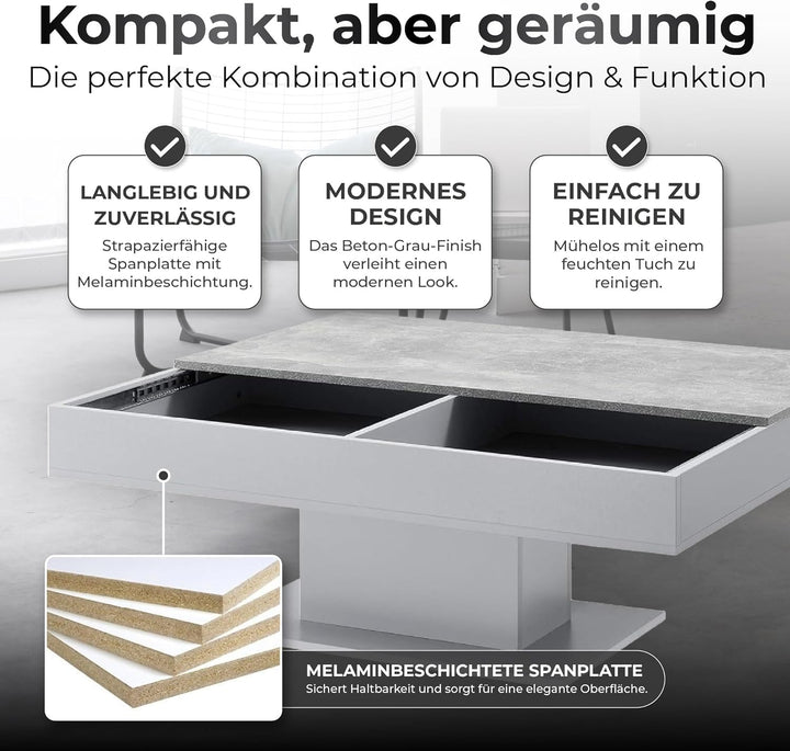 [en.casa] Couchtisch mit 2 Staufächern unter Schiebeplatte Wohnzimmertisch mit Truhefunktion Kaffeet