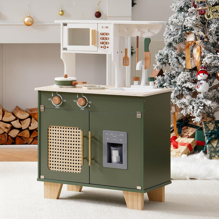 ROBOTIME Retro-Spielzeugküche aus Holz für Kinder, inklusive Mikrowelle, Eiswürfelspender, Rattannet