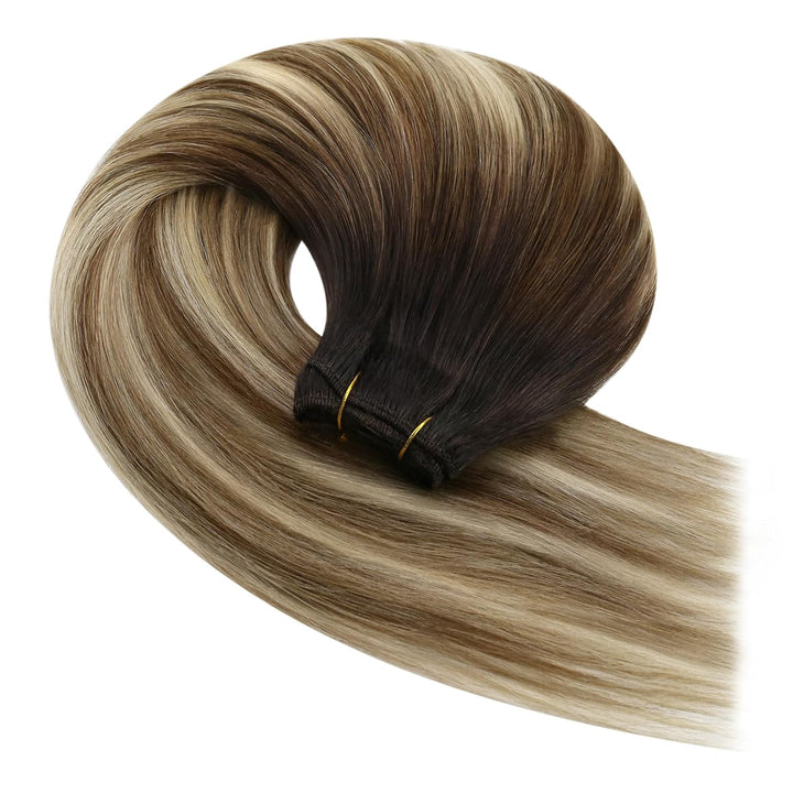 YoungSee Tressen Echthaar Balayage Echthaar Tressen zum Einnahen Braun Balayage Blond Weave Extensio
