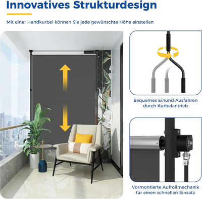 HOMEDEMO Senkrechtmarkise Aussen, Vertikalmarkise ohne Bohren, Balkonrollo mit Handkurbel, Sichtschu