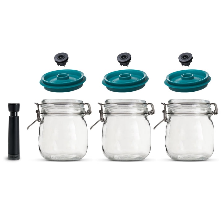 Airtender 3x Vakuumdeckel mit 3x Kilner® Einmachgläser und Vakuumpumpe – Halten Sie Lebensmittel bis