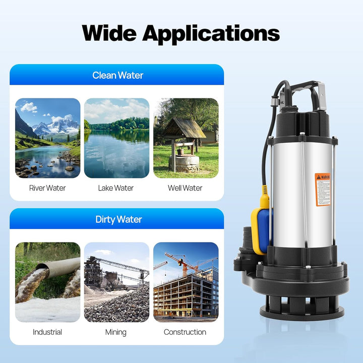 1500W 36000 L/H Edelstahl Schmutzwasserpumpe Schumutzwasser Fäkalienpumpe Schwimmerschalter, Wassere