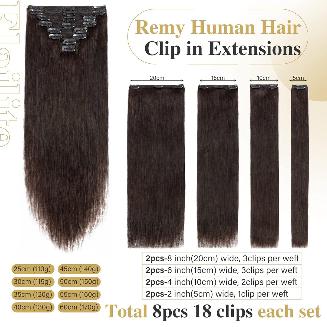 Elailite Echthaar Extensions Clip in 8 Tressen Voller Kopf 140g #2 Dunkelbraun, 45cm Haarverlängerun