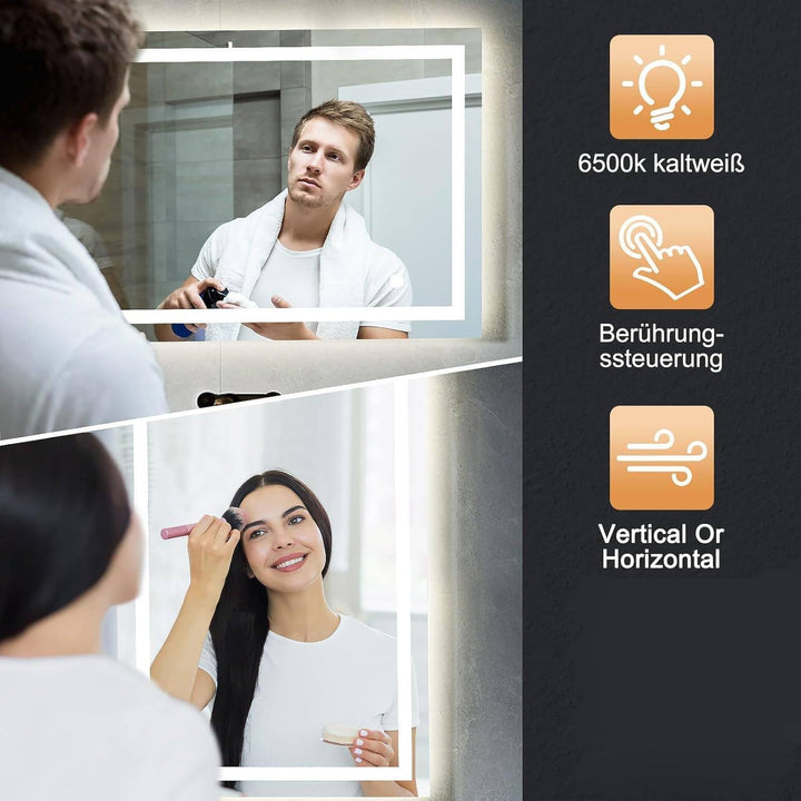 Youyijia LED Badspiegel mit Beleuchtung, Wandspiegel Badezimmerspiegel mit Touch-Schalter Kaltweiss