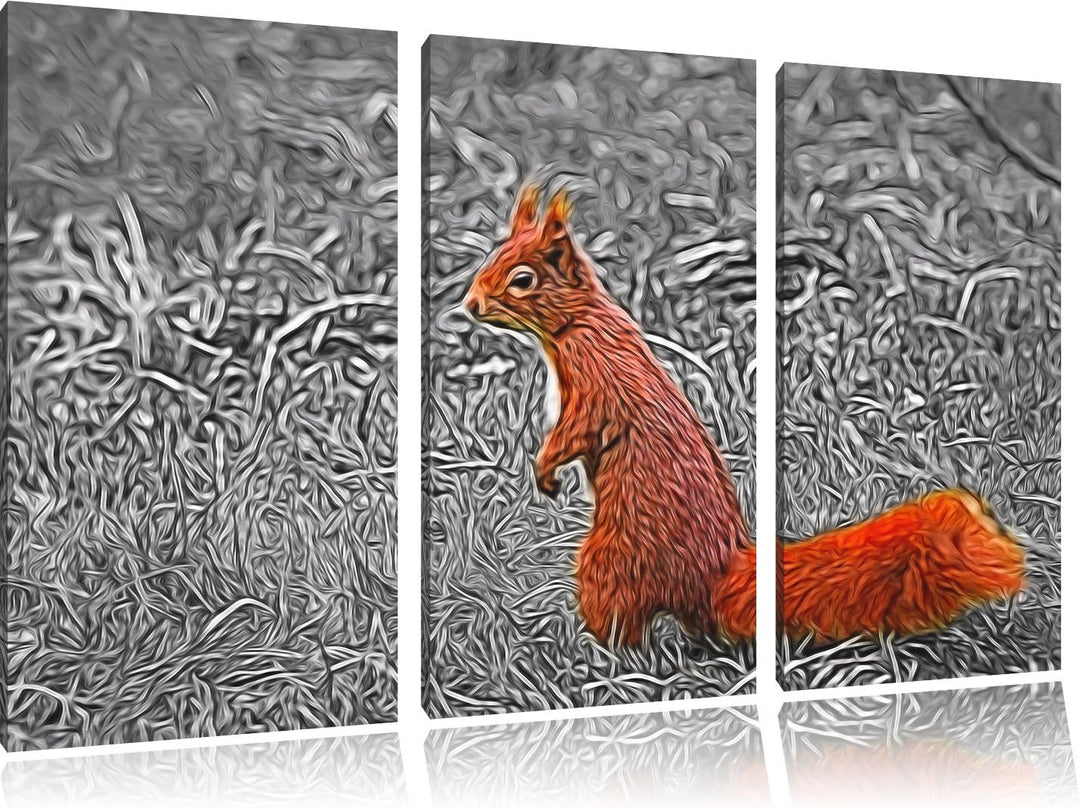 kleines Eichhörnchen auf Waldboden schwarz/weiss Spezial 3-Teiler Leinwandbild 120x80 Bild auf Leinw