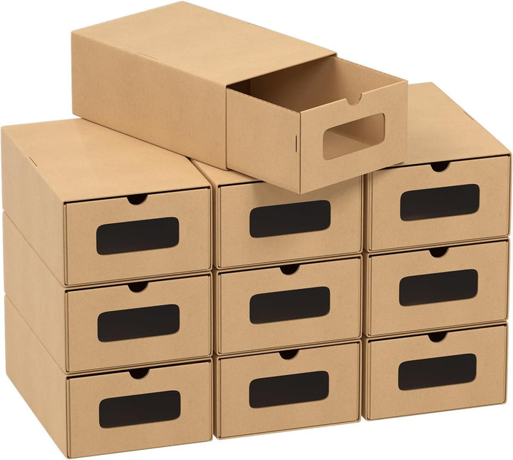 30x Aufbewahrungsbox in Braun – Stapelbare Schuhbox aus Kraftpapier mit Sichtfenster, Faltbare Schuh