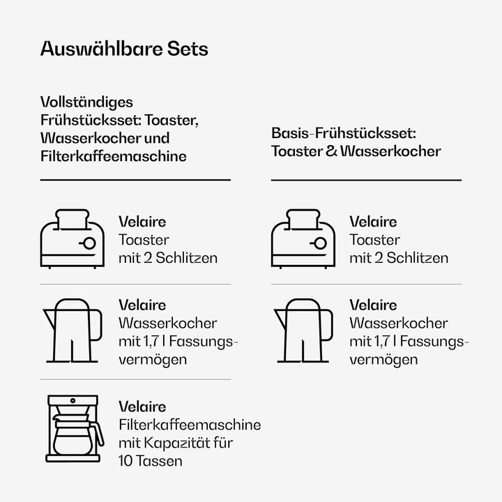 Klarstein Velaire Toaster Wasserkocher Set – 2 Scheiben Toaster mit 7 Bräunungsstufen, Brötchenaufsa