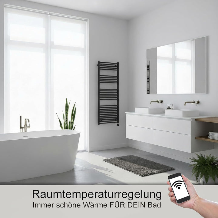 anapont WiFi und Bluetooth elektrischer Badheizkörper 1475x600 - schwarz gerade - Handtuchheizkörper