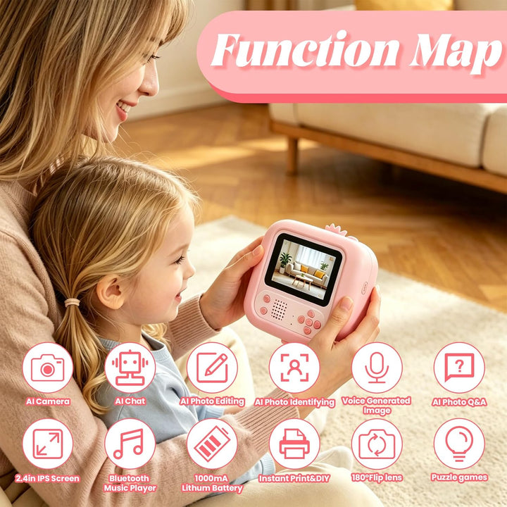 ARNSSIEN AI Kinder Kamera,Kinderkamera Sofortbildkamera,1080p HD, KI-Erkennung, KI-Chat, Bluetooth,