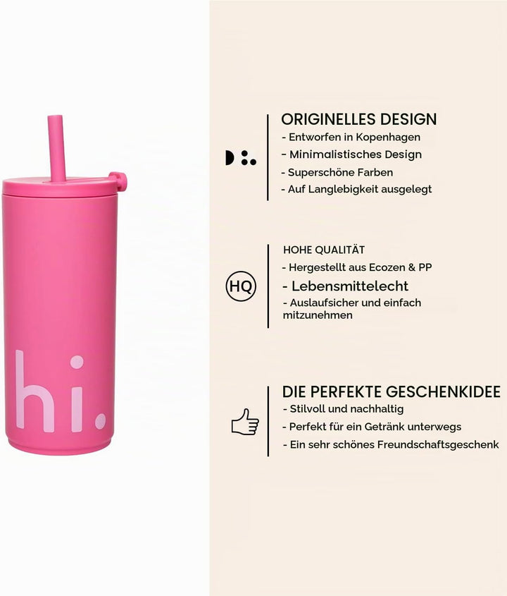 Design Letters Kaffeebecher 500 ml | Becher mit Deckel und Strohhalm | Reisebecher BPA/BPS-frei | Ka