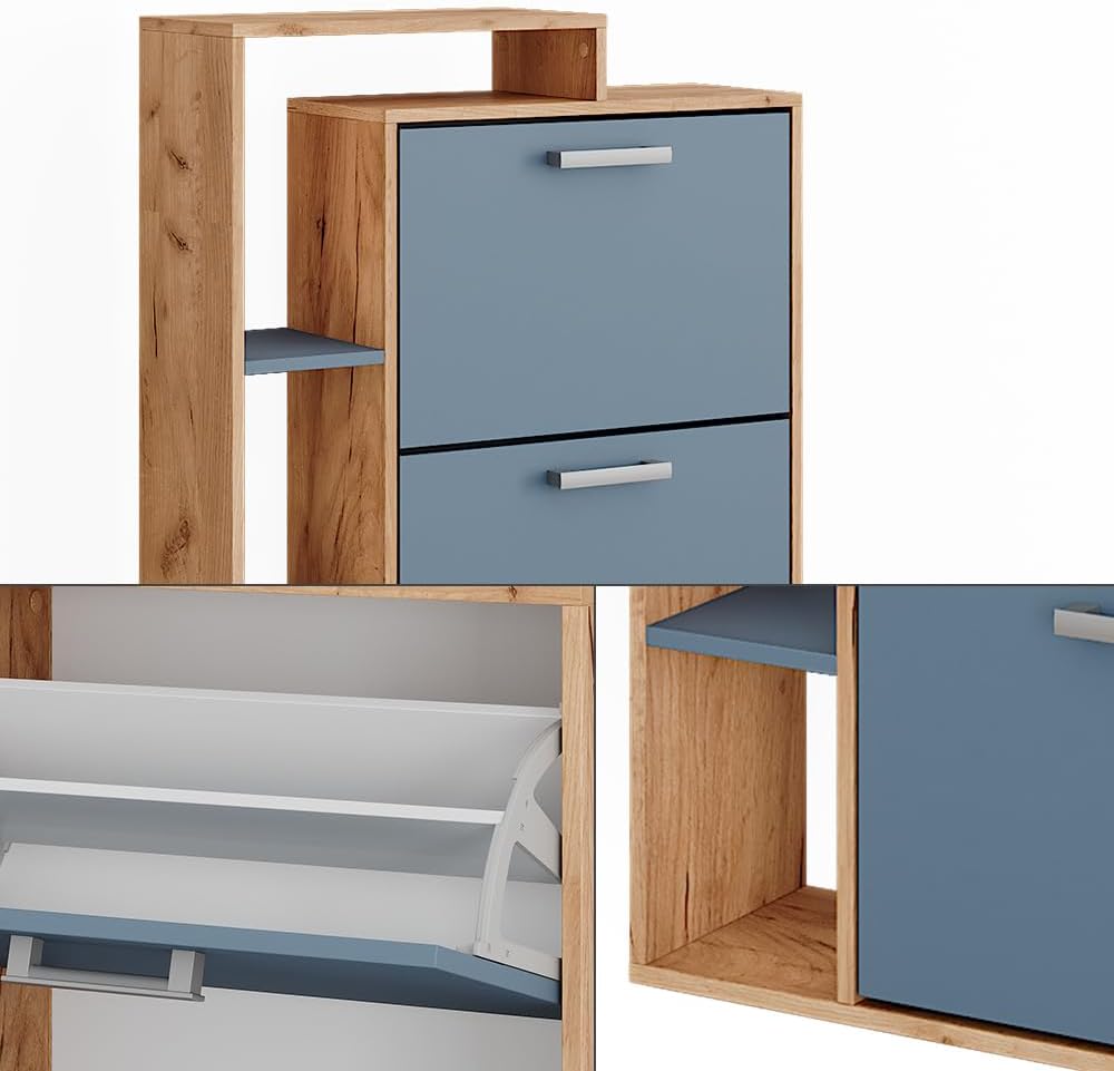 Vicco Garderobe Orlando, Goldkraft Eiche/Blau, 80 x 128.3 cm mit 3 Fächern, Goldkraft Eiche/Blau
