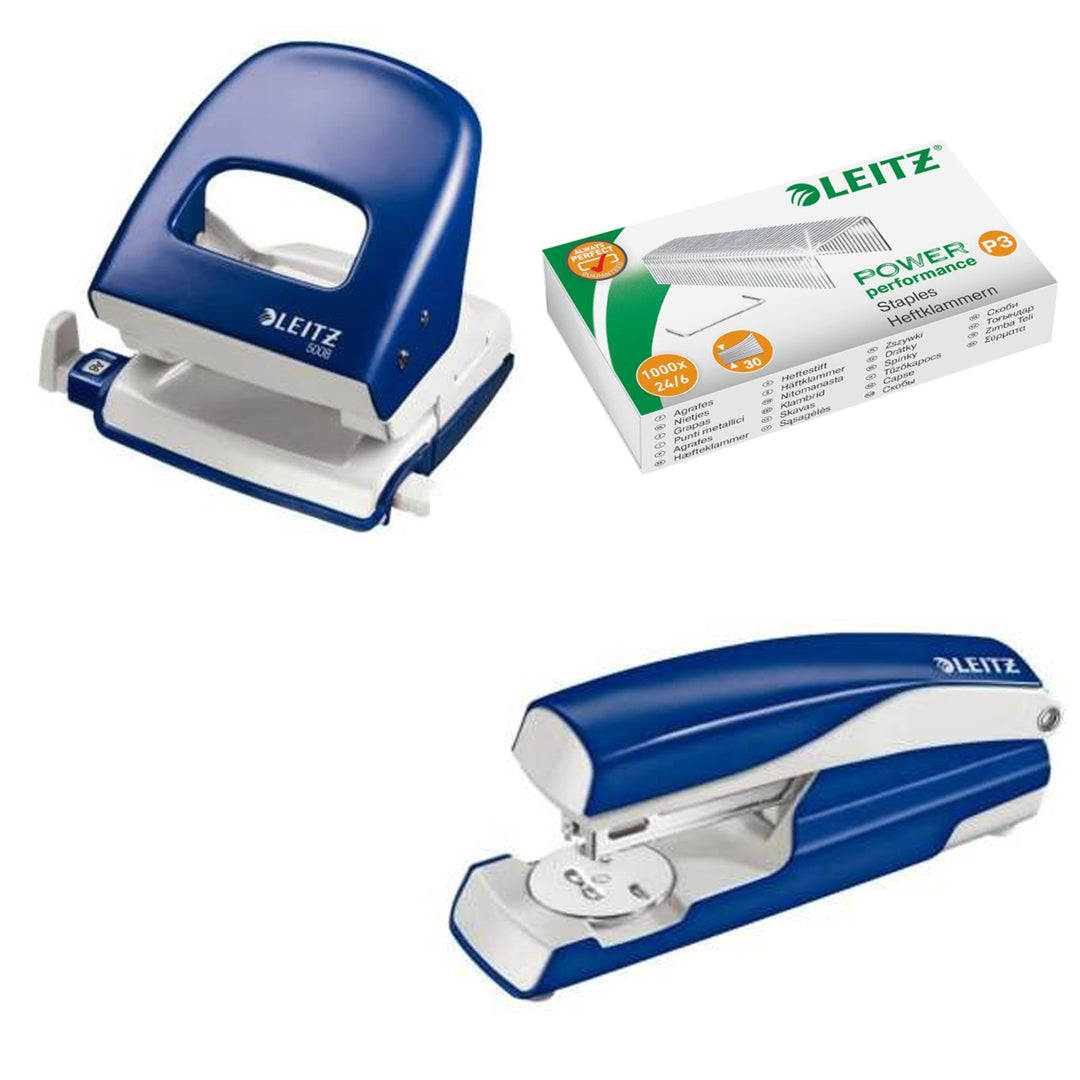 Leitz 5008 NeXXt Series Bürolocher, Metall, bis zu 30 Blatt / Kombi-Set mit Heftgerät + 1000 Klammer