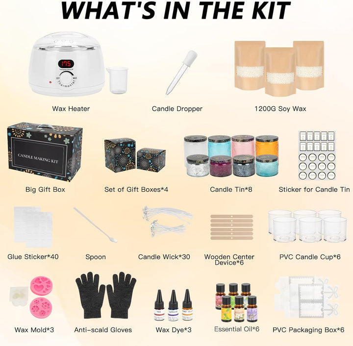 TECHMUR Kerzen Selber Machen Set, Komplette DIY Kerzen Set mit Elektrischer Wachsschmelzer, 1200g Na